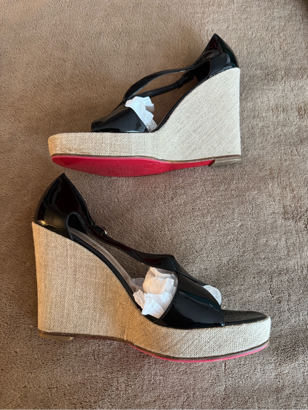 Patent Black 5” Wedge Sandals with Ankle Strap euro size 40 - Picture 2 of 10